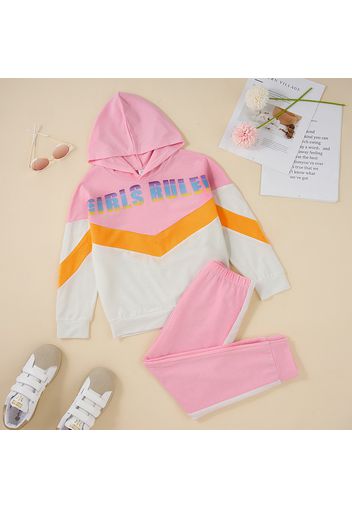 2-piece Kid Girl Letter Print Colorblock Hoodies and Elasticized Pants Casual Set