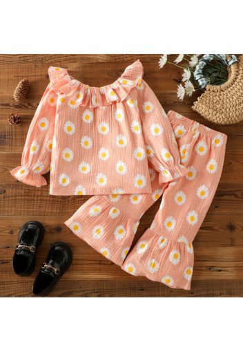 2-piece Toddler 100% Cotton Girl Floral Print Flounce Long-sleeve Top and Flared Pants Set