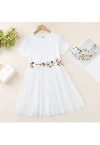 Kid Girl Round-collar 3D Floral Design Mesh Short-sleeve Dress