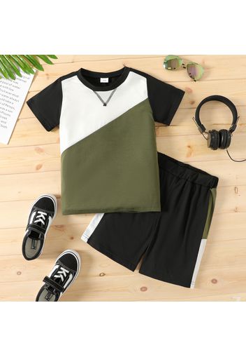 2-piece Kid Boy Casual Colorblock Short-sleeve Tee and Elasticized Shorts Set