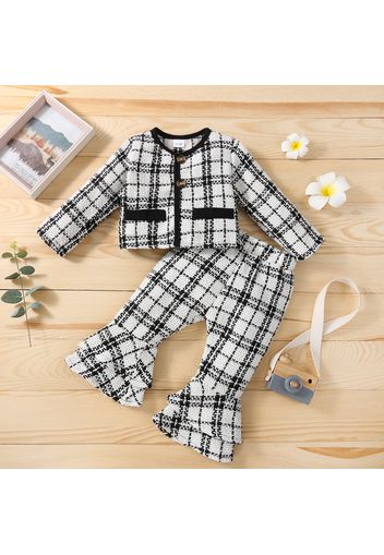 2pcs Baby Plaid Long-sleeve Outwear and Bell Bottom Pants Set