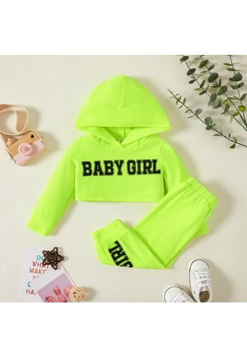 2pcs Baby Girl Letter Print Solid Long-sleeve Hooded Crop Top and Pants Set