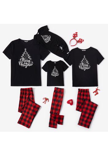 Christmas Tree and Letter Print Family Matching Black Short-sleeve Plaid Pajamas Sets (Flame Resistant)