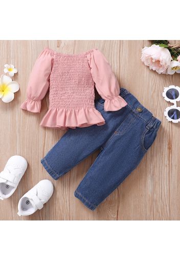 2pcs Baby Girl Solid Off Shoulder Long-sleeve Shirred Top and Denim Jeans Set