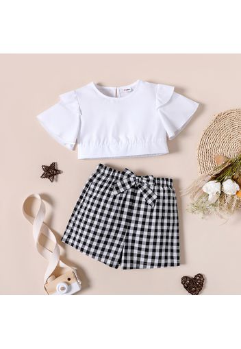 2pcs Toddler Girl Short Butterfly Sleeve White Tee and Bowknot Design Plaid Shorts Set