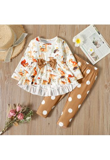 2pcs Toddler Girl Floral Deer Print Bowknot Ruffled High Low Long-sleeve Tee and Polka dots Leggings Set