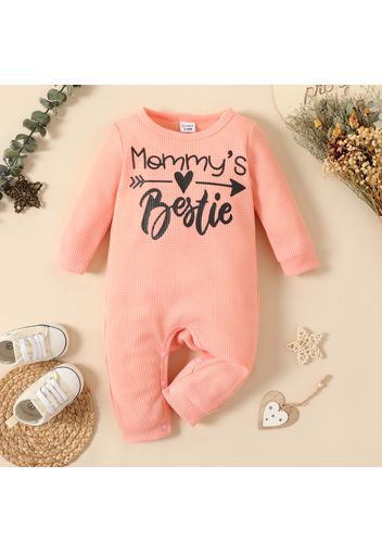 Baby Girl Letter Print Solid Waffle Long-sleeve Jumpsuit