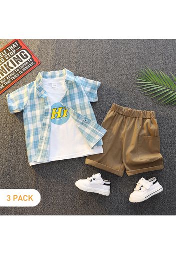 3pcs Toddler Boy Casual Letter Print Tee & Plaid Shirt and Shorts Set