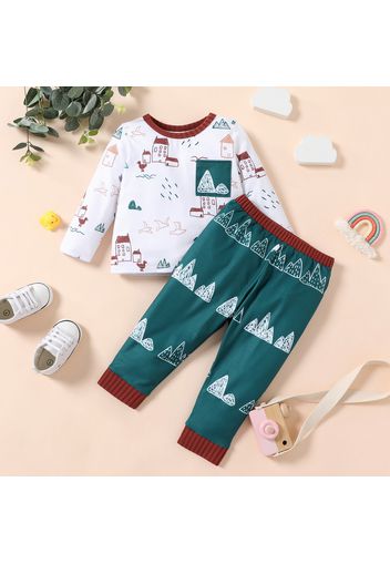 2pcs Baby Boy Cartoon Graffiti Print Color Block Long-sleeve T-shirt and Trousers Set