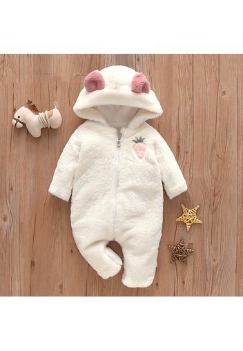 Baby Girl Carrot Pattern White Thickened Fuzzy Fleece 3D Rabbit Ears Hooded Long-sleeve Zip Jumpsuit