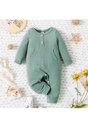 Baby Boy Solid Ribbed Long-sleeve Jumpsuit with Pocket