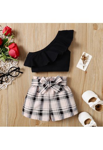 2pcs Baby Girl 100% Cotton Ruffle Trim One Shoulder Crop Top and Belted Plaid Shorts Set