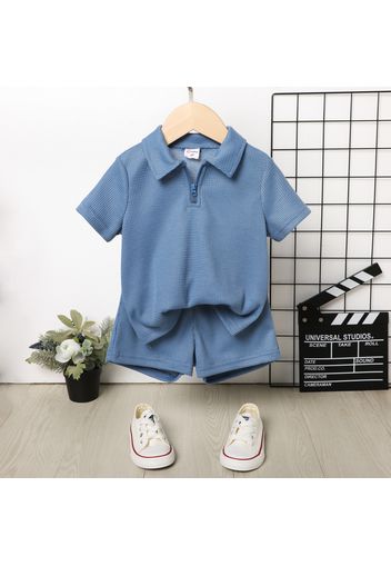 2pcs Toddler Boy Solid Color Lapel Collar Zipper Design Short-sleeve Waffle Tee and Elasticized Shorts Set