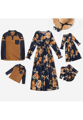 Family Matching All Over Floral Print Long-sleeve Midi Dresses and Color Block Polo Shirts Sets