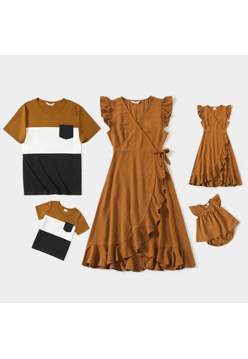 Family Matching Khaki V Neck Sleeveless Ruffle Wrap Dresses and Colorblock Short-sleeve T-shirts Sets