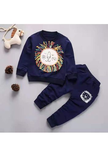 2-piece Toddler Boy Animal Lion Embroidered Pullover and Pants Set