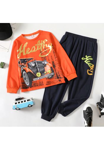 2-piece Kid Boy Letter Vehicle Print Pullover Sweatshirt and Pants Set