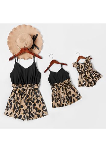 Leopard Splice Black Sling Short Rompers for Mommy and Me