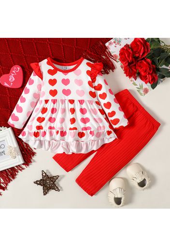 2pcs Baby Girl All Over Red Love Heart Print Long-sleeve Ruffle Top and Solid Ribbed Trousers Set