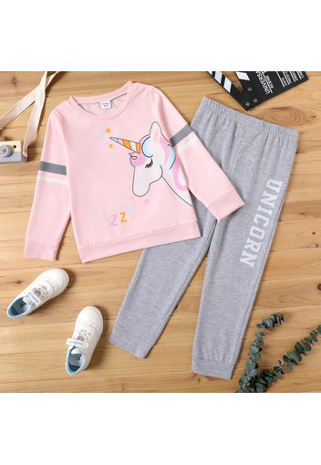 2-piece Kid Girl Unicorn Stars Print Pink Pullover Sweatshirt and Letter Print Gray Pants Set