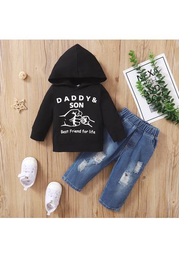 2pcs Baby Letter Print Cotton Long-sleeve Hoodie and Ripped Denim Jeans Set