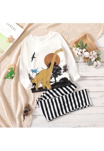 2-piece Kid Boy Animal Dinosaur Print Long-sleeve Tee and Stripe Pants Pajamas Lounge Set