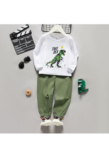 2-piece Toddler Boy Letter Dinosaur Print Long-sleeve Top and 100% Cotton Pants Set