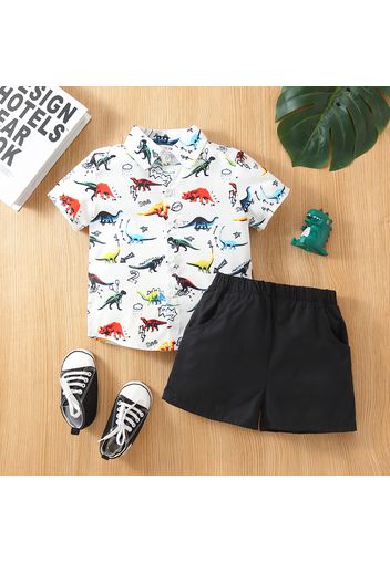 2pcs Toddler Boy Playful Dinosaur Print Lapel Collar Shirt and Shorts Set