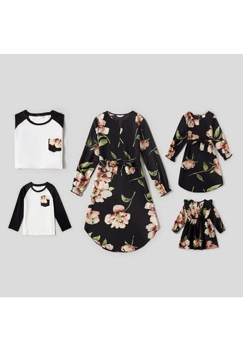 Floral Print Long-sleeve Family Matching Sets（Black Belted Dresses and Raglan T-shirts）