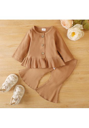 2pcs Baby Solid Ruffle Long-sleeve Button Down Ribbed Cotton Top and Bell Bottom Pants Set