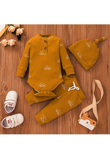 3-piece Baby Boy Sun Print Button Design Ribbed Long-sleeve Romper, Elasticized Pants and Cap Set