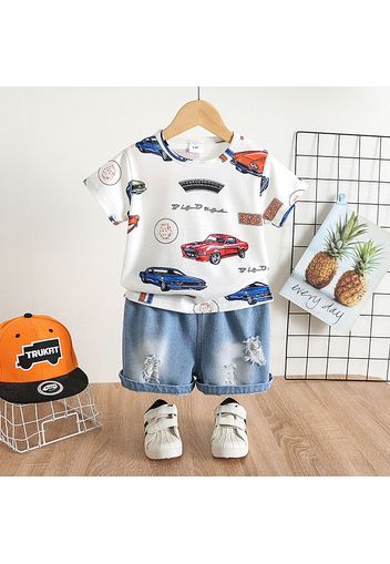 2pcs Toddler Boy Playful Ripped Denim Shorts and Vehicle Print Tee Set