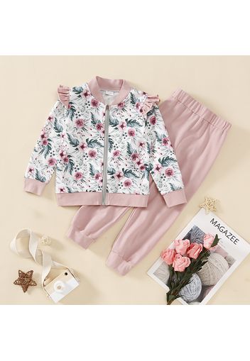 2-piece Toddler Girl Floral Print Colorblock Zipper Jacket and Pants set