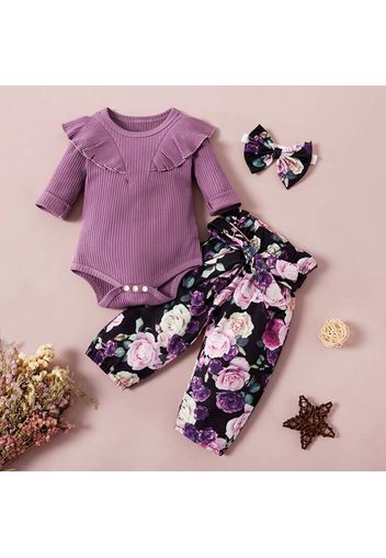 Ribbed 3pcs Floral Print Long-sleeve Purple Baby Set