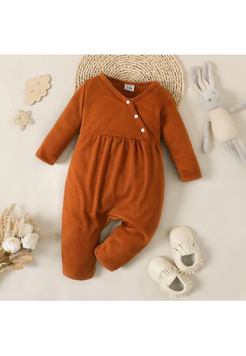 Baby Girl Waffle Brown/White Rabbit Print Long-sleeve Jumpsuit