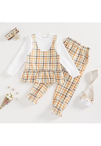 2-piece Toddler Girl Plaid Ruffle Hem Faux-two Long-sleeve Top and Pants Set