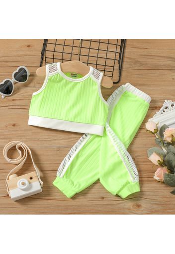 2pcs Baby Girl Fluorescent Colored Ribbed Fishnet Tank Crop Top and Joggers Pants Set