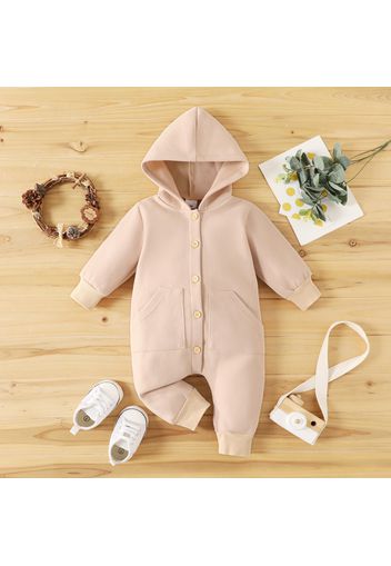 Baby Solid Button Down Long-sleeve Hooded Jumpsuit with Pockets