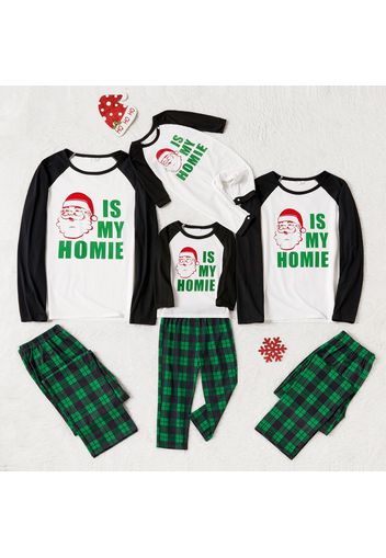 Christmas Santa and Letter Print Family Matching Raglan Long-sleeve Green Plaid Pajamas Sets (Flame Resistant)