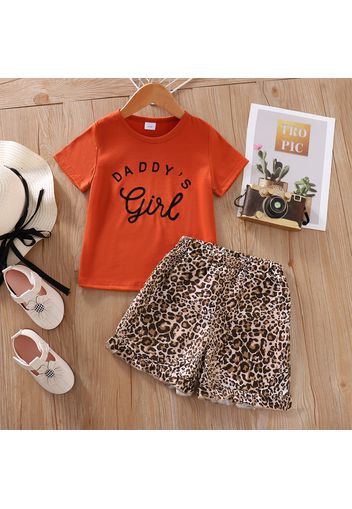 2pcs Toddler Girl Letter Print Short-sleeve Orange Tee and Leopard Print Ruffle Shorts Set