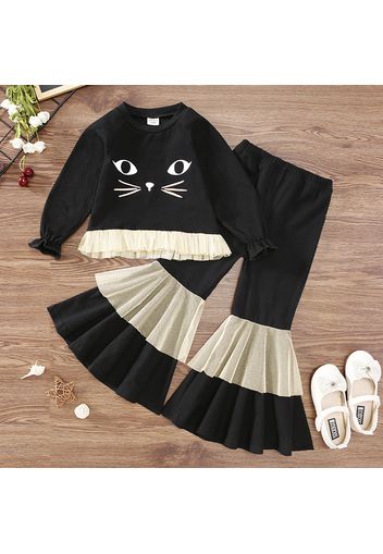 2-piece Toddler Girl Cat Print Mesh Ruffle Hem Black Top and Flared Pants Set