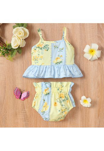 2pcs Baby Girl Floral Print Colorblock Sleeveless Spaghetti Strap Ruffle Top and Shorts Set