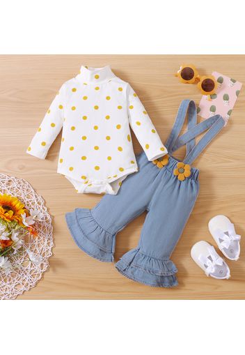 2pcs Baby Girl Ribbed/Dots Turtleneck Long-sleeve Romper and 3D Flowers Denim Bell Bottom Overalls Set