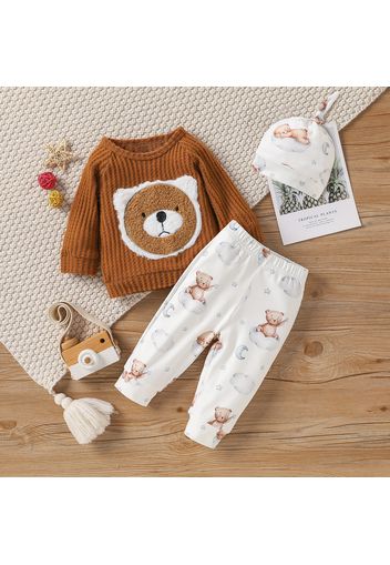 3pcs Baby Boy/Girl Cartoon Bear Pattern Fuzzy Waffle Long-sleeve Top and Trousers Set