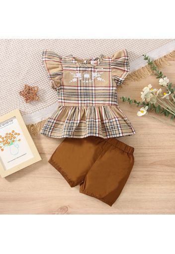 2pcs Baby Girl Plaid Flutter-sleeve Peplum Top and Solid Shorts Set