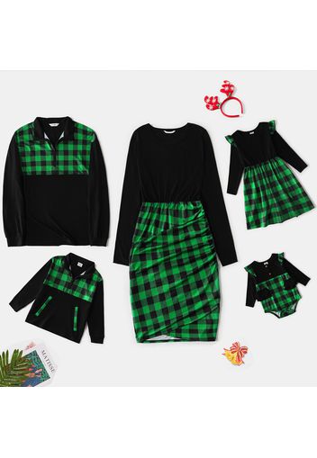 Christmas Family Matching Contrast Buffalo Plaid Long-sleeve Wrap Dress and Zip Half Placket T-shirts Sets