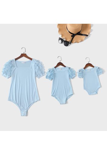 Solid Color Puff Short-sleeve Matching Blue Rompers