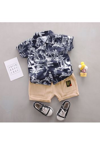 2pcs Toddler Boy Trendy Floral Print Lapel Collar Shirt and Pocket Design Shorts Set