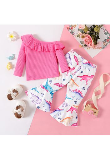 2pcs Baby Girl Rib Knit Ruffle Trim One Shoulder Long-sleeve Top and Allover Dinosaur Print Flared Pants Set