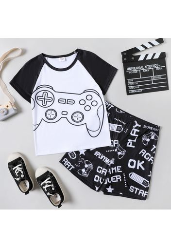 2-piece Kid Boy Game Console Print Raglan Sleeve Tee and Letter Print Shorts Set